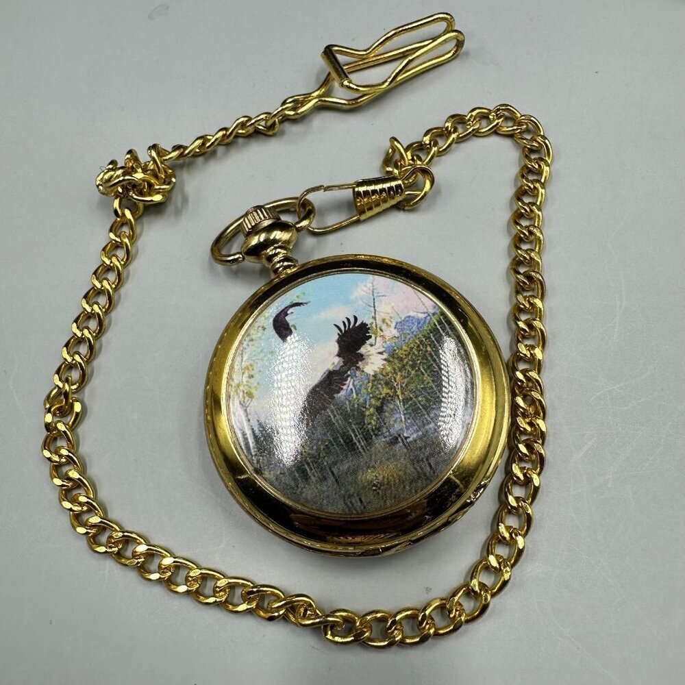 3/$30 Wildlife Eagle Moose Pocket Watch Gold Tone Front Case Chain 46mm